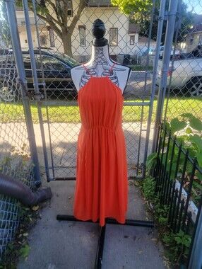 Cremieux Rue Orange Chiffon Halter V-Back Midi Dress Size S
